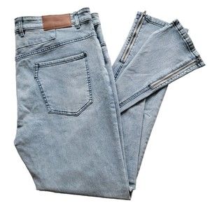 Zanerobe Joe Blow Zip Denim Mens 38 Battered Blue Jeans Slim Fit Button Fly